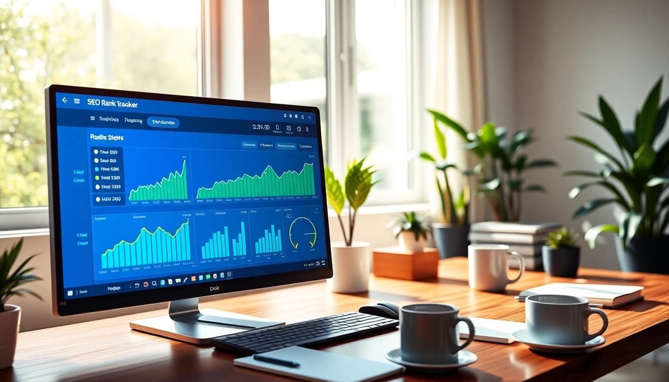 View of a professional workspace with an SEO Rank Tracker dashboard highlighting analytical data.