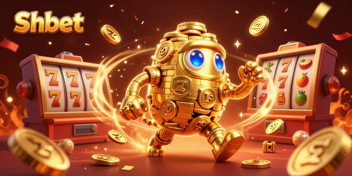 Experience thrilling wins at Shbet with a vibrant 3D casino scene packed with slot symbols and golden golems.