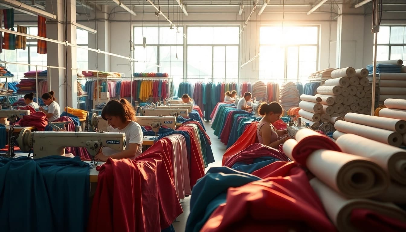 Clothing Manufacturer China showcasing skilled workers in a vibrant factory atmosphere.