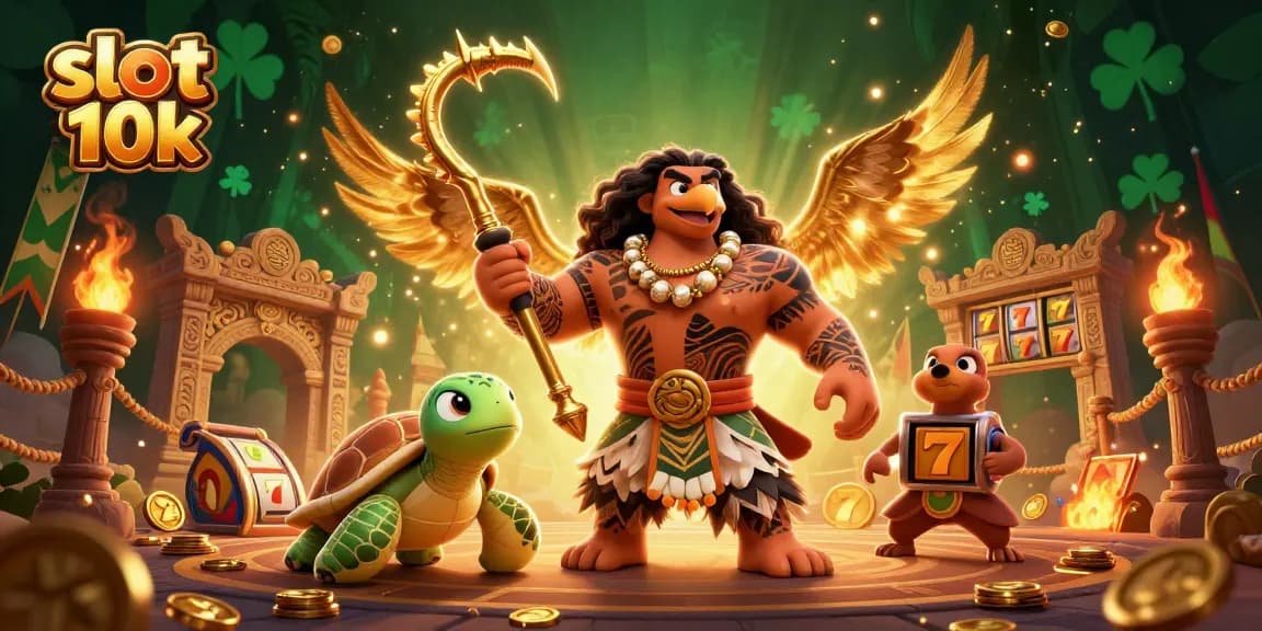 Play slot 10k with a demigod and turtle in a vibrant 3D casino illustration.