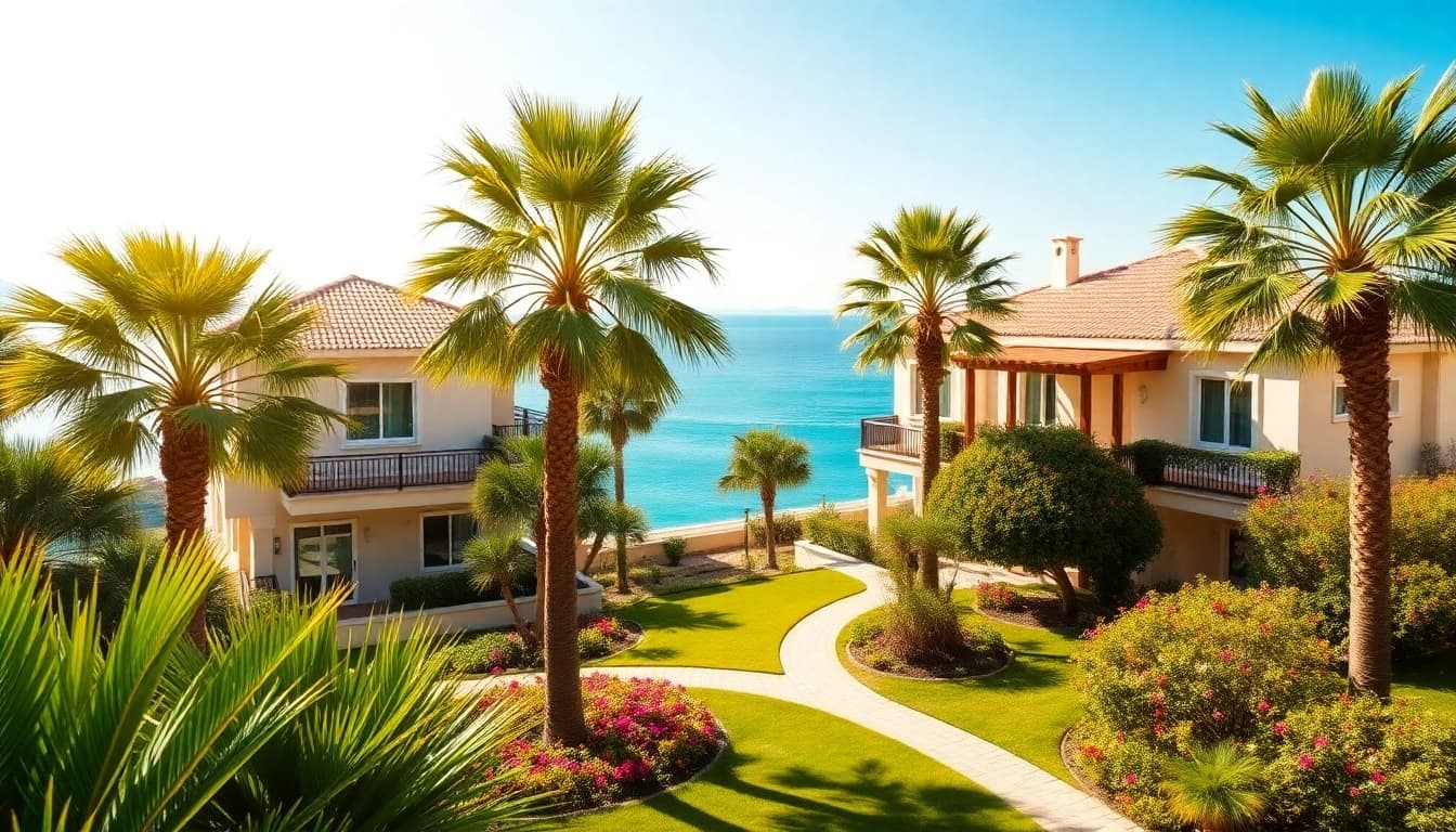 Discover beautiful houses for sale in Alanya Turkey featuring Mediterranean architecture amidst vibrant gardens.