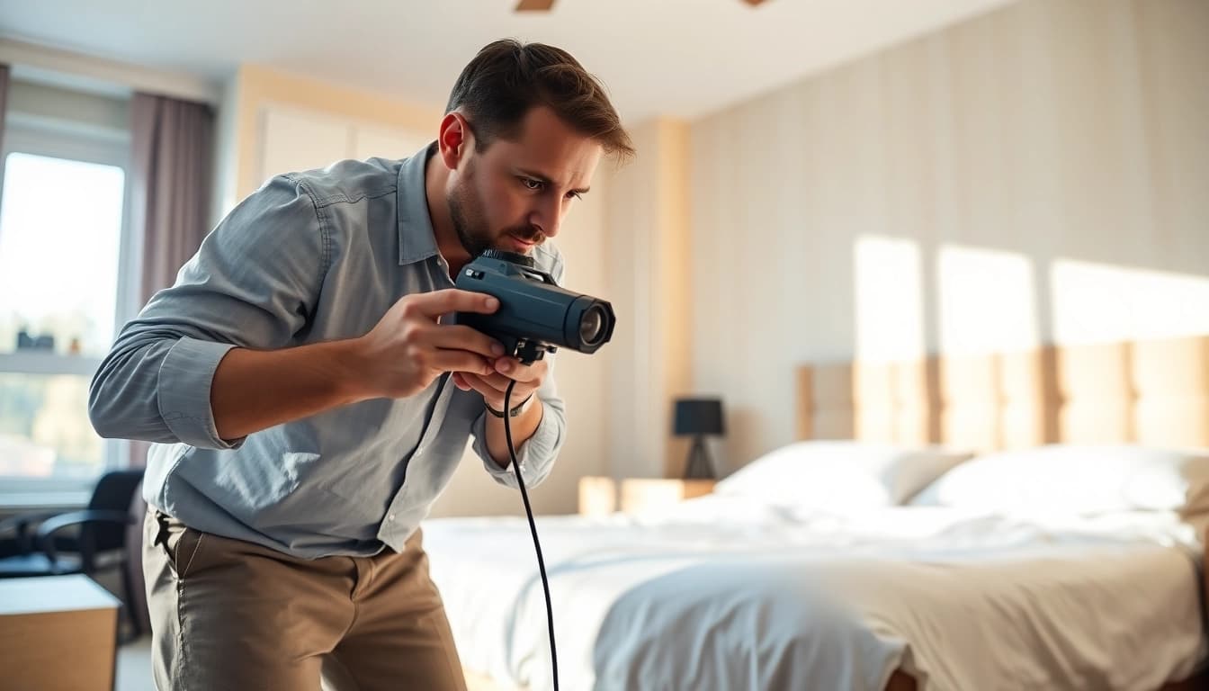 milwaukee bed bug exterminators inspecting a bedroom for bed bug infestations with advanced equipment