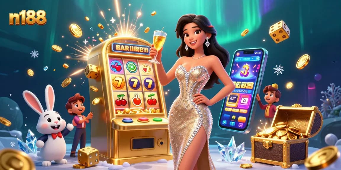 n188 casino experience with a glamorous woman toasting at a golden jackpot slot machine in a vibrant scene.