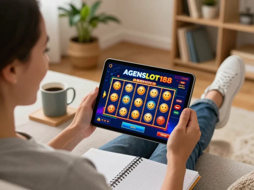 Engage in thrilling slot games on AGENSLOT188 from the comfort of home, showcasing a joyful player in a vibrant atmosphere.