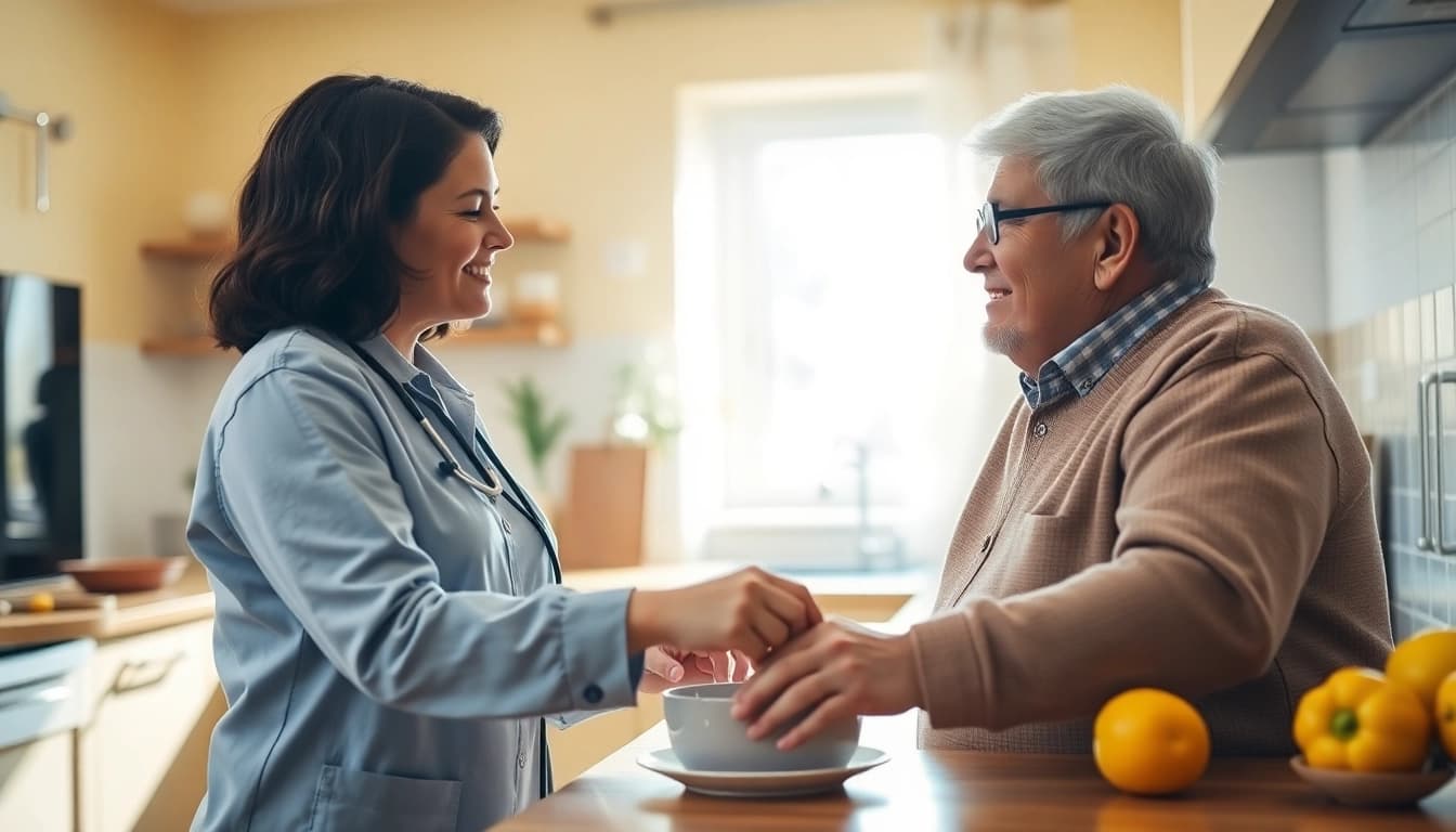 Care at home: A caregiver supports an elderly person in a warm home kitchen setting.
