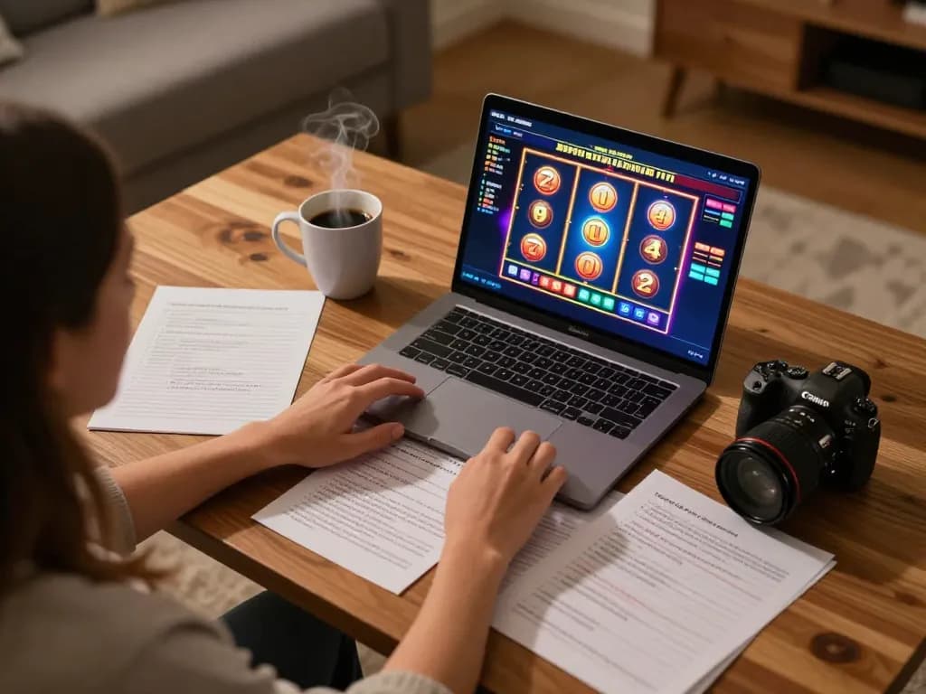 Engaging in casinò americani online gameplay at home with strategic notes and laptop display