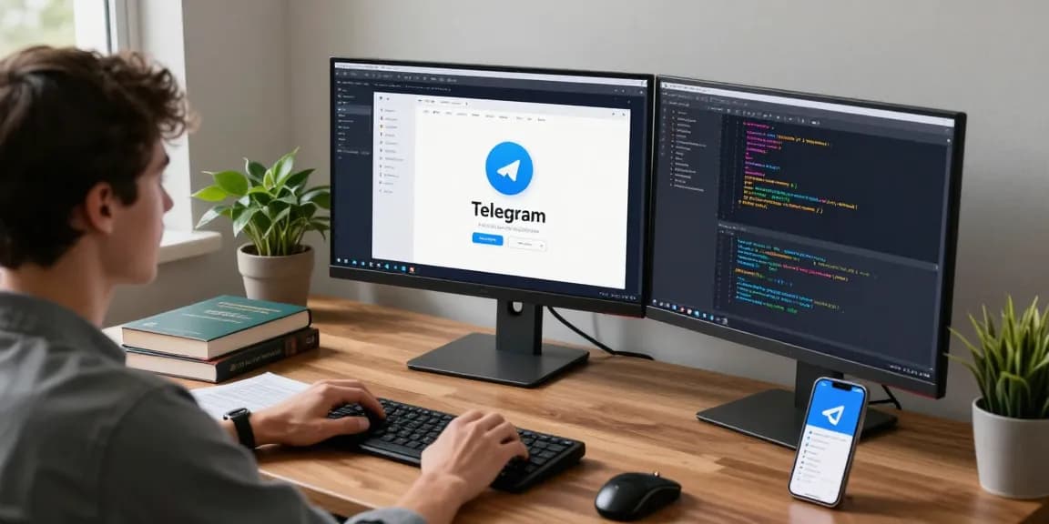 Developer working on telegram中文版 interface in a modern workspace.