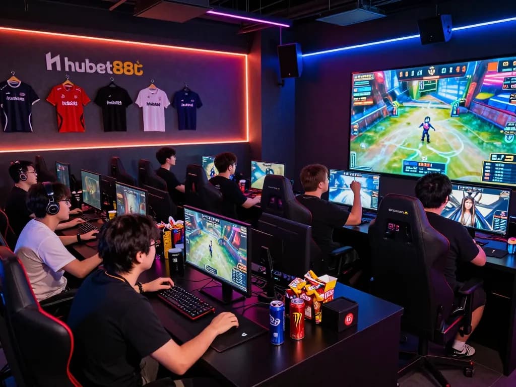 Exciting esports betting at hubet88 showcasing nổ hũ hubet88 with diverse gamers and vibrant LED lighting.