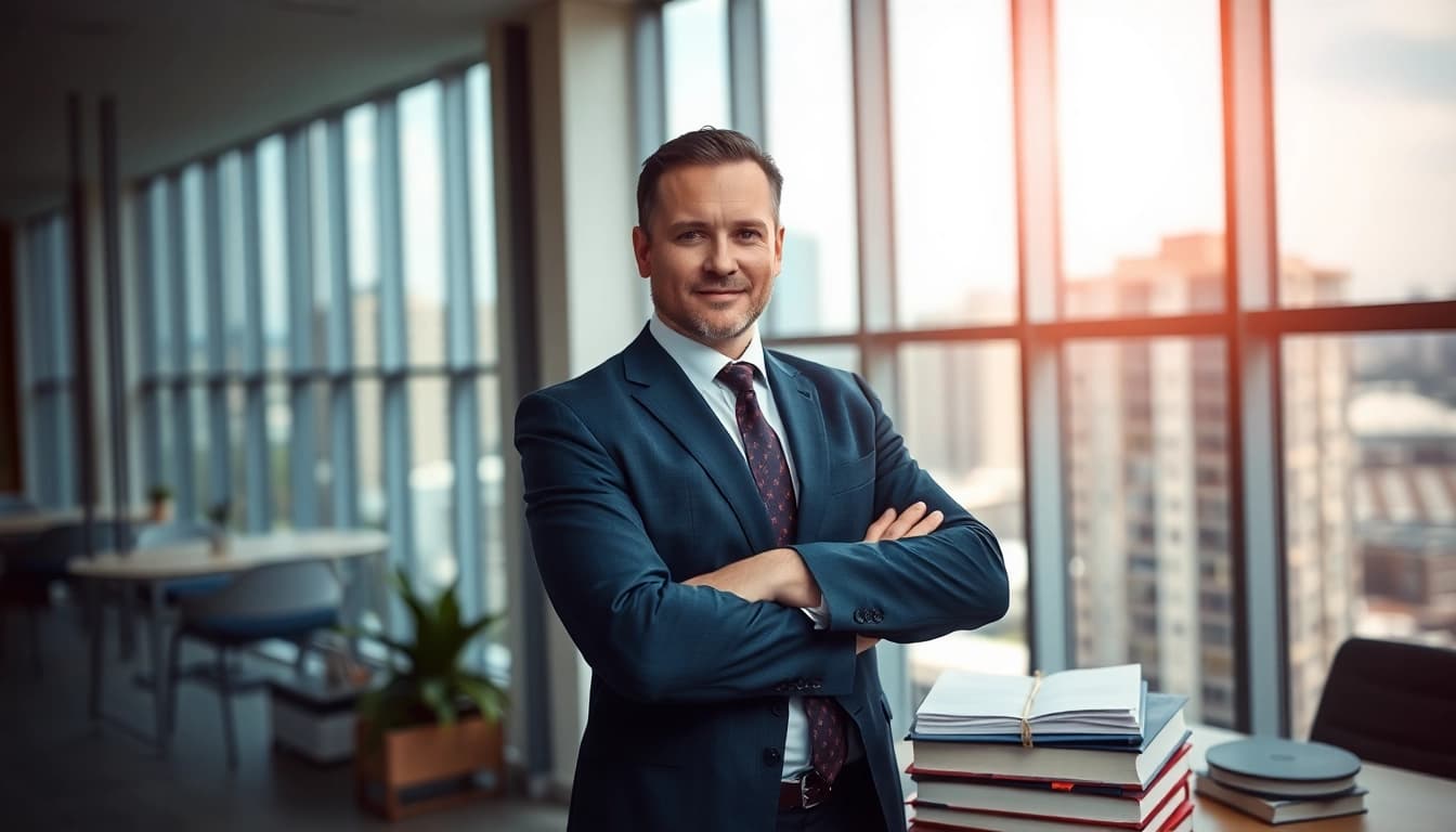 Skilled Clearwater Car Accident Lawyer confidently consulting in a bright office setting.