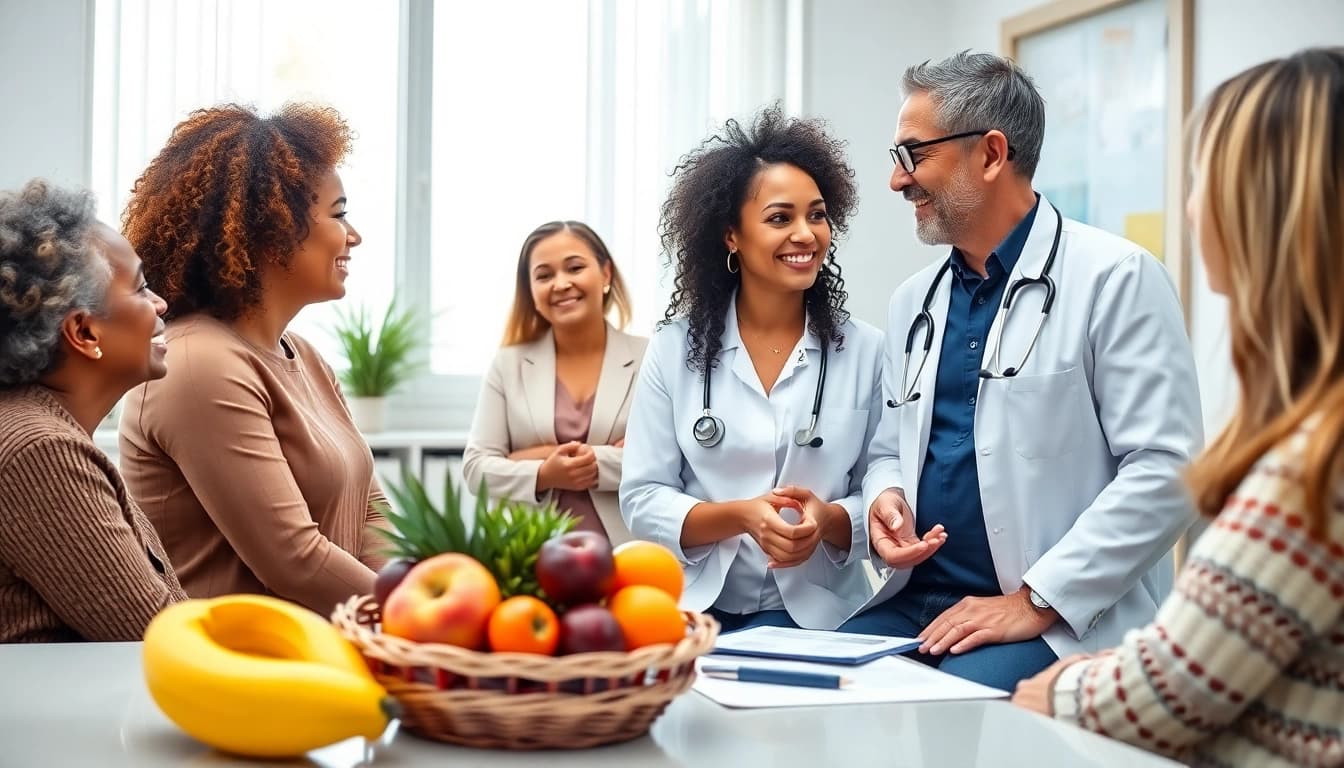 Engaging healthcare provider discusses Health with diverse patients in a welcoming environment.