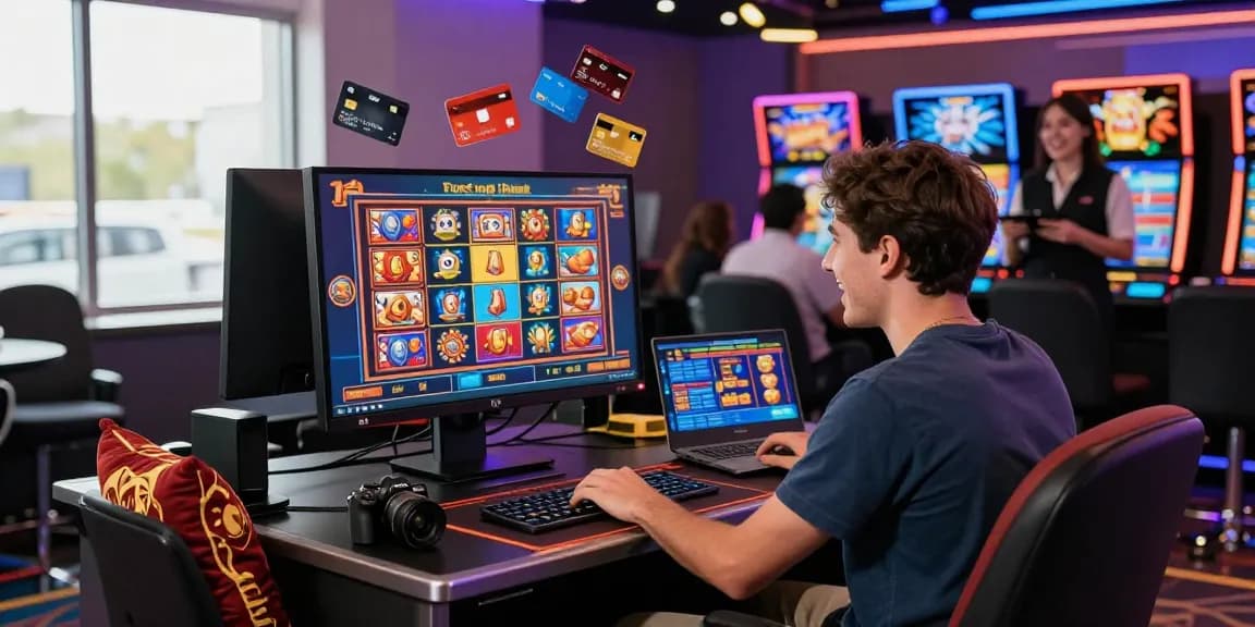 Exciting gaming moment at credit card casinos at being-there.org.uk, featuring a player enjoying slot games with vibrant casino graphics.