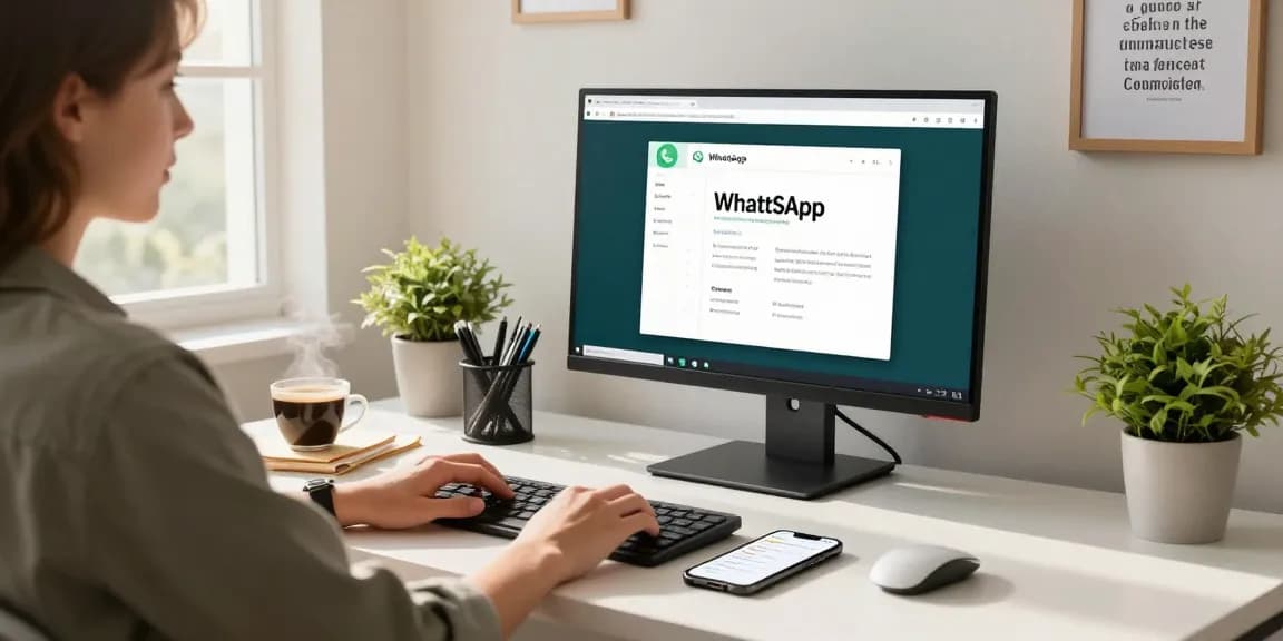 Engaging home office scene featuring WhatsApp電腦版 in use, with a person working on a sleek desk under natural sunlight.