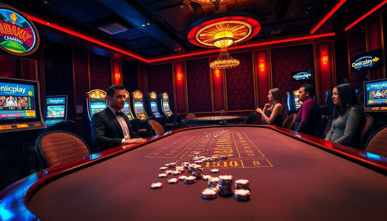 Experience high-stakes excitement with Onicplay at a luxurious casino featuring games, tables, and vibrant atmosphere.