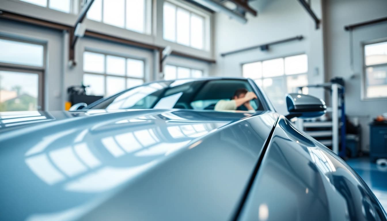 Apply ceramic coating Chattanooga on a glossy car in a professional garage setting.