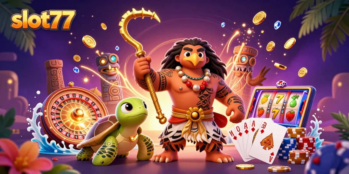Spin and win with slot77 featuring a Maui-style demigod, vibrant casino elements, and vibrant graphics.
