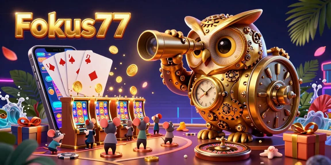 Experience the excitement of Fokus777 with vibrant casino scenes featuring animated characters and lively game elements.