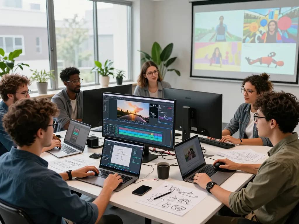 Collaborative creators using ai seedance 2.0 in a modern video studio, showcasing innovative technology.