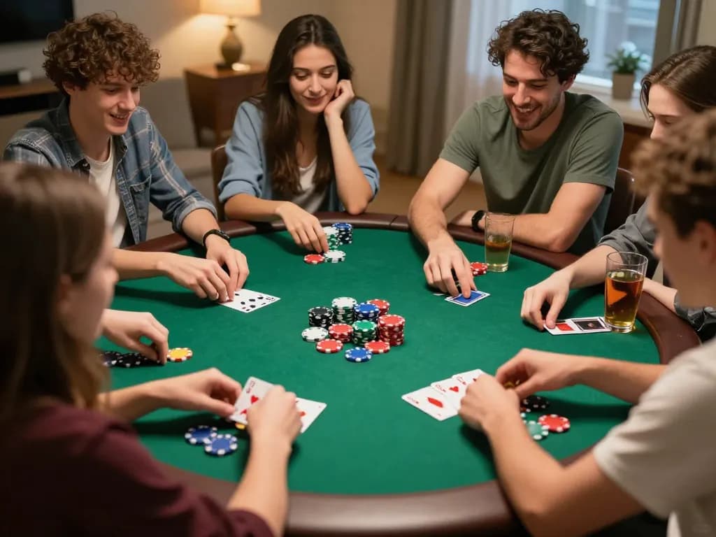 hb88 players enjoying an exciting home poker game with colorful chips and cards