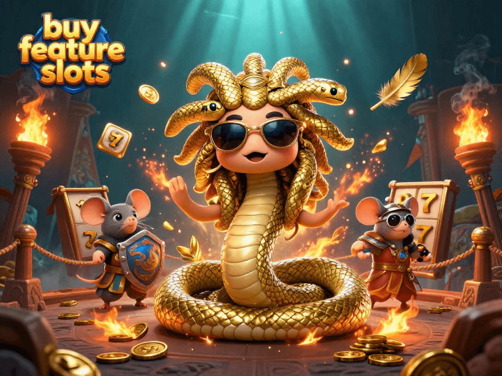 Engage with buy feature slots through vibrant gameplay with Medusa and warrior characters.