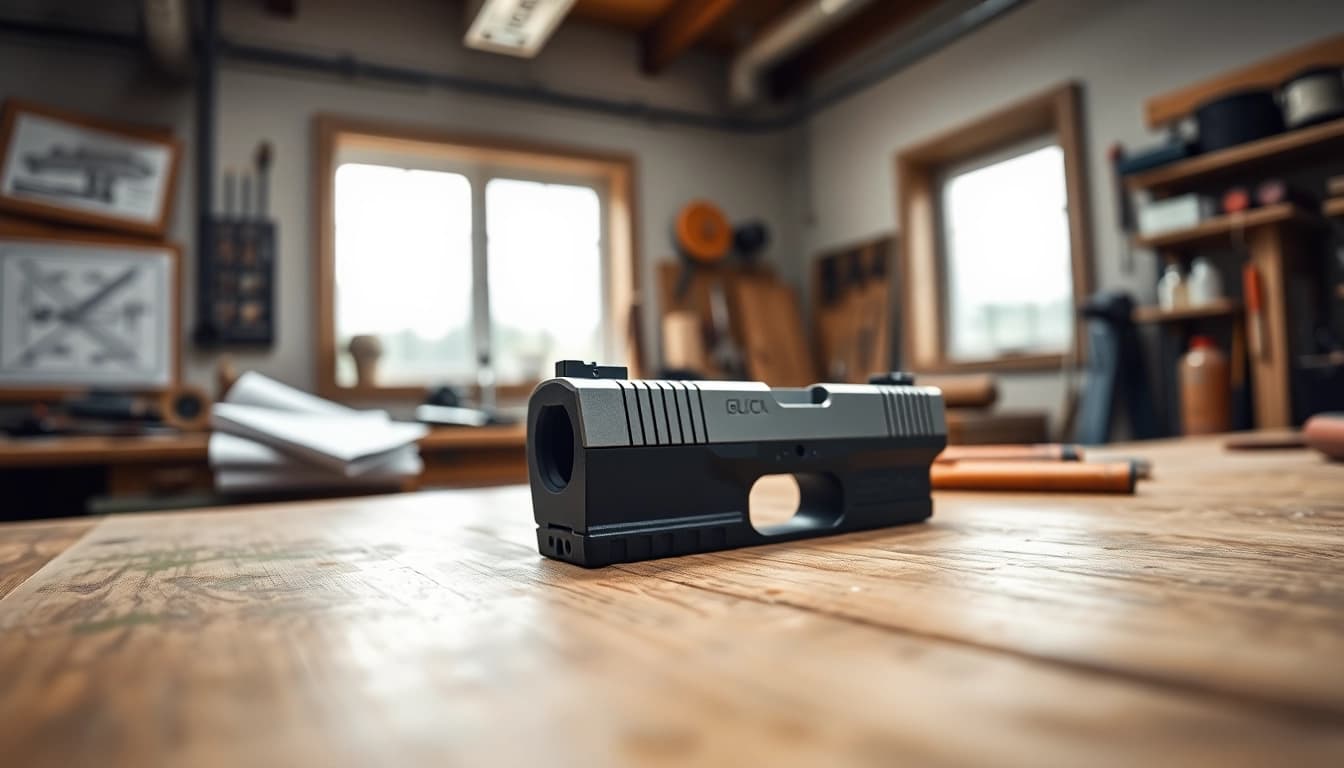 Examine the glock 19 gen 5 mos slide displayed with precision detailing on a workshop bench.