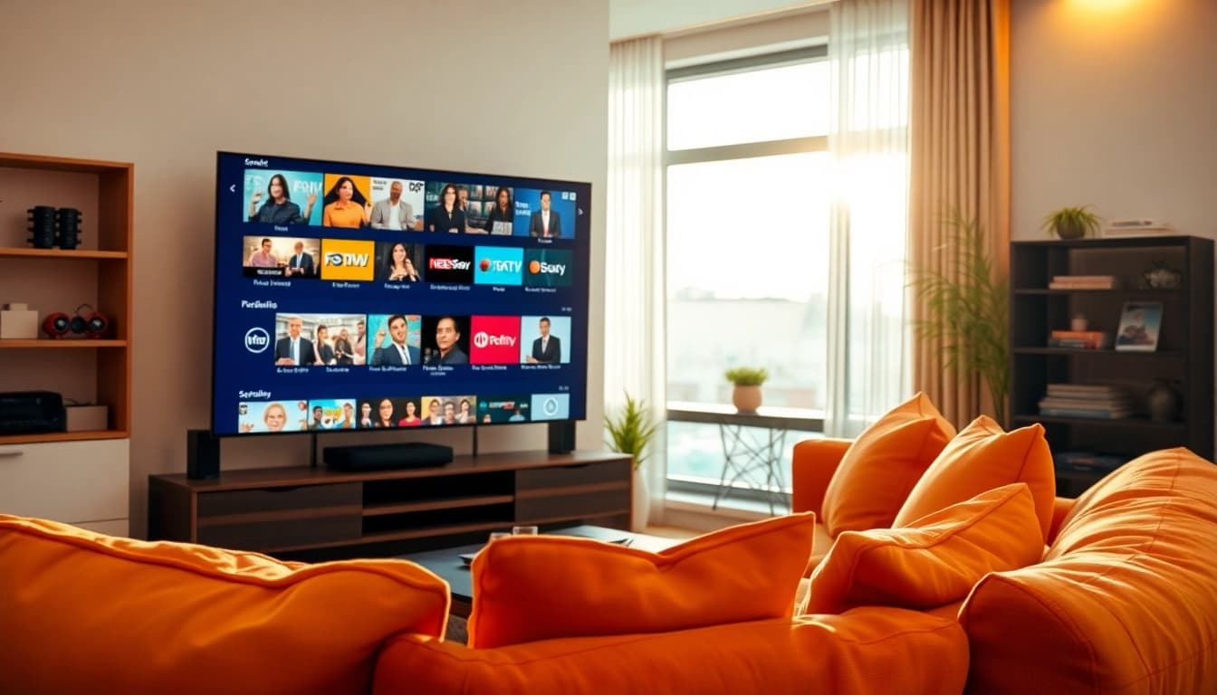 Watch interactive channels with iron IPTV on a modern living room setup, showcasing technology and comfort.