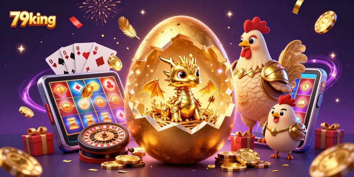 Engage with 79king's vibrant casino world featuring a golden dragon atop poker chips.
