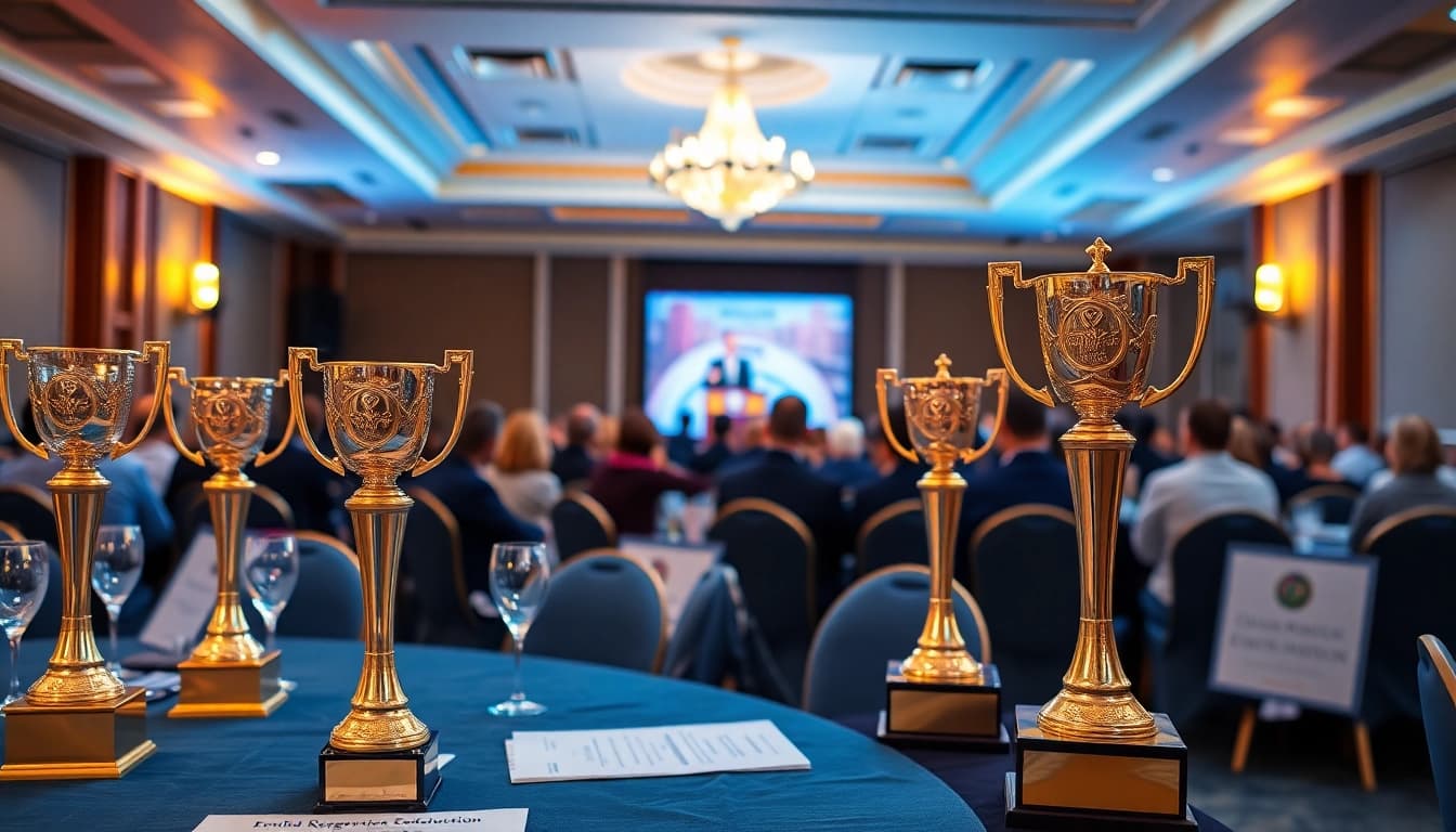 Celebrating construction awards with elegant trophies and certificates at a prestigious event.