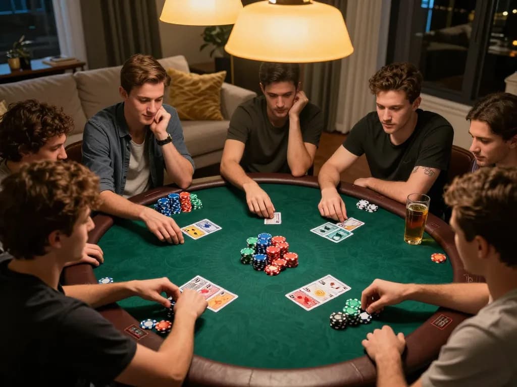 Permainan poker rumah yang menarik menampilkan teman-teman menikmati permainan strategis, menunjukkan kegembiraan link hoki77.