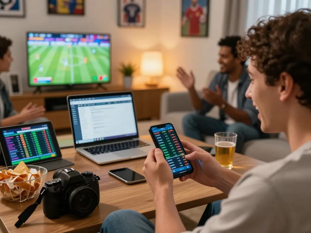 Kèo nhà cái 55 betting live scores on multiple screens with friends in a vibrant party atmosphere.