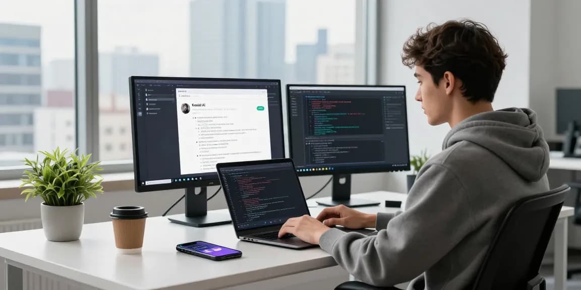 Kobold AI developer in modern workspace coding on laptop with chat interface on monitor, city skyline view, professional atmosphere.