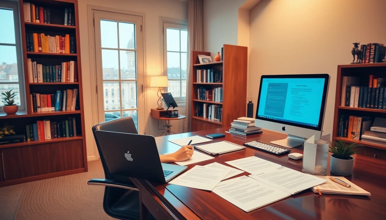 Traducteur assermenté au travail à Strasbourg, présentant des services de traduction professionnels et des documents multilingues.