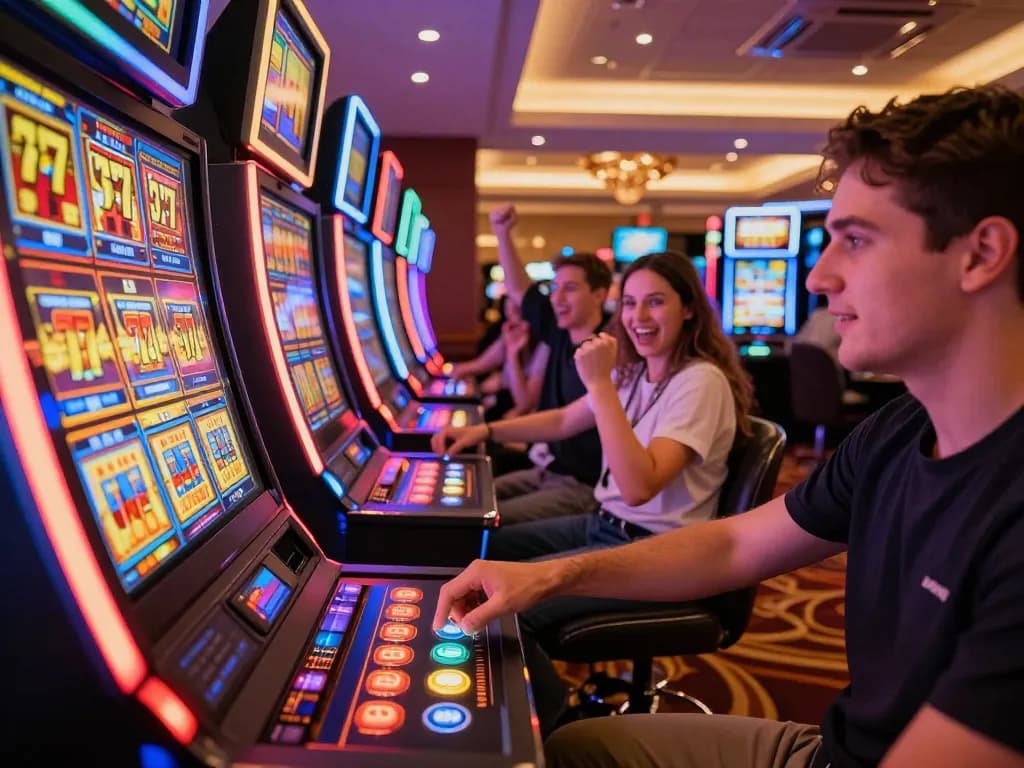 Engaged player pressing spin button on a vibrant slot777 machine with friends in background.