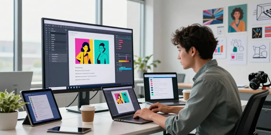 Generate image to prompt in a modern workspace featuring a creative professional interacting with an AI tool on a laptop surrounded by colorful outputs.