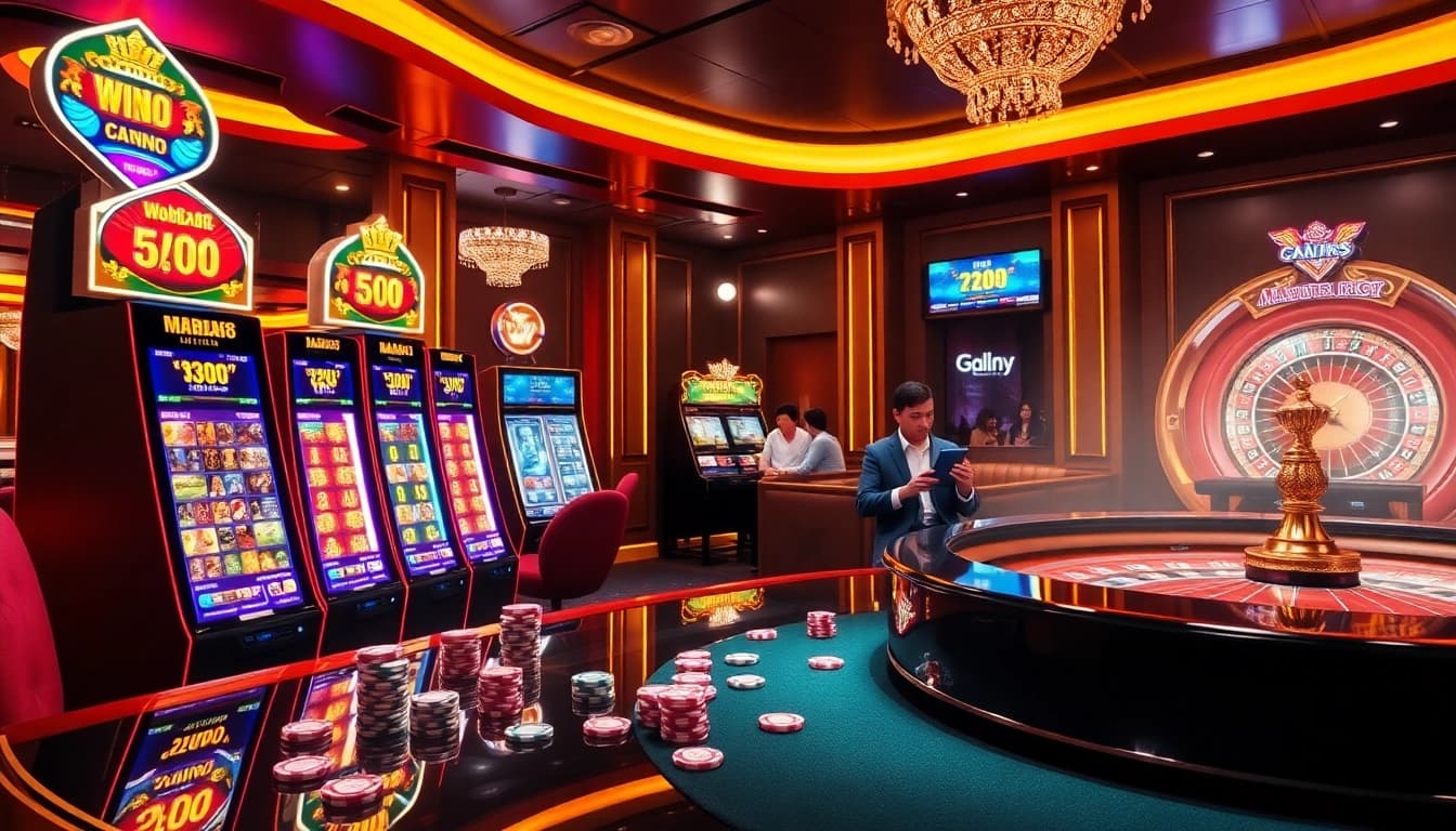 MABAR88 Win ditampilkan dalam adegan kasino mewah dengan mesin slot berwarna-warni dan chip poker.