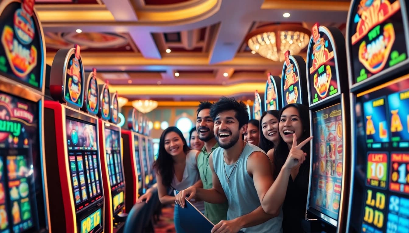 Bermain situs slot di kasino dengan mesin slot berwarna-warni dan suasana yang meriah.