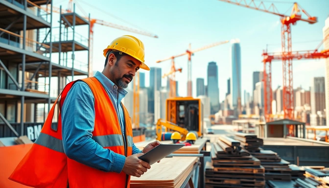 Manhattan General Contractor overseeing a busy construction site with cranes and tools.
