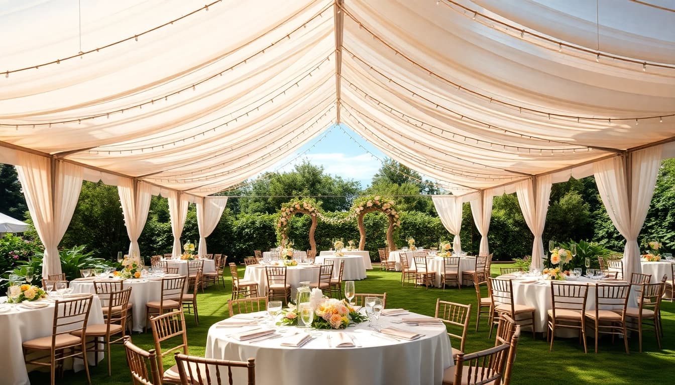 Experience beautiful Tent Rentals at a vibrant outdoor event with elegant table settings and lush scenery.