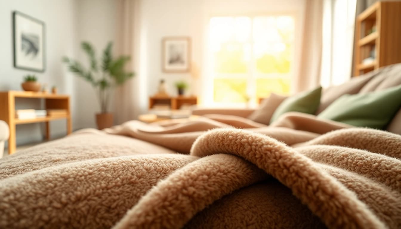 Fleece blanket draped on a sofa, showcasing its soft texture and vibrant colors.