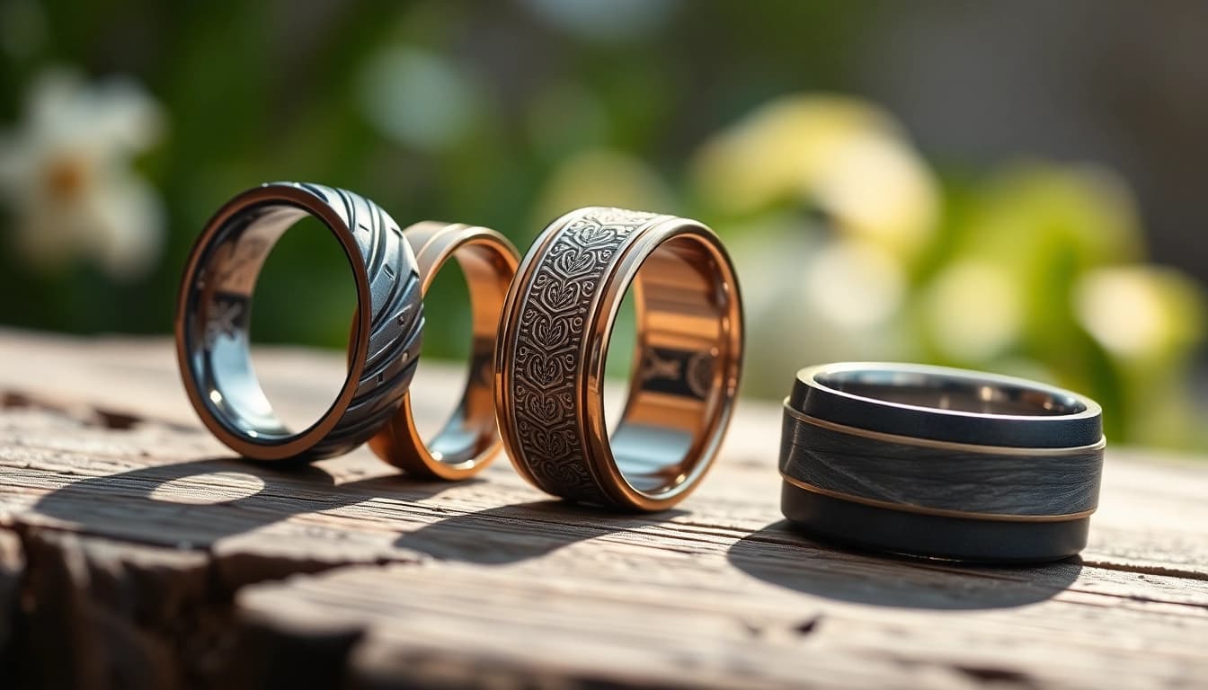 Elegant display of unique wedding bands for men showcasing various styles and craftsmanship details.