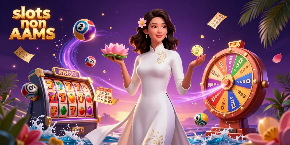 Interagisci con le slot non AAMS in un'illustrazione vivace di un casinò che presenta rulli in movimento dinamico, palline della lotteria colorate e elementi di gioco festivi.