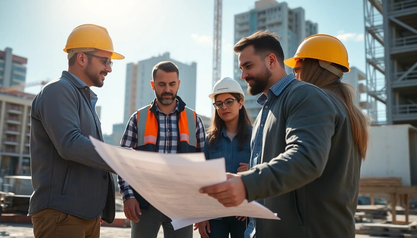 Engaged professionals participating in Construction management training session on a busy urban construction site.