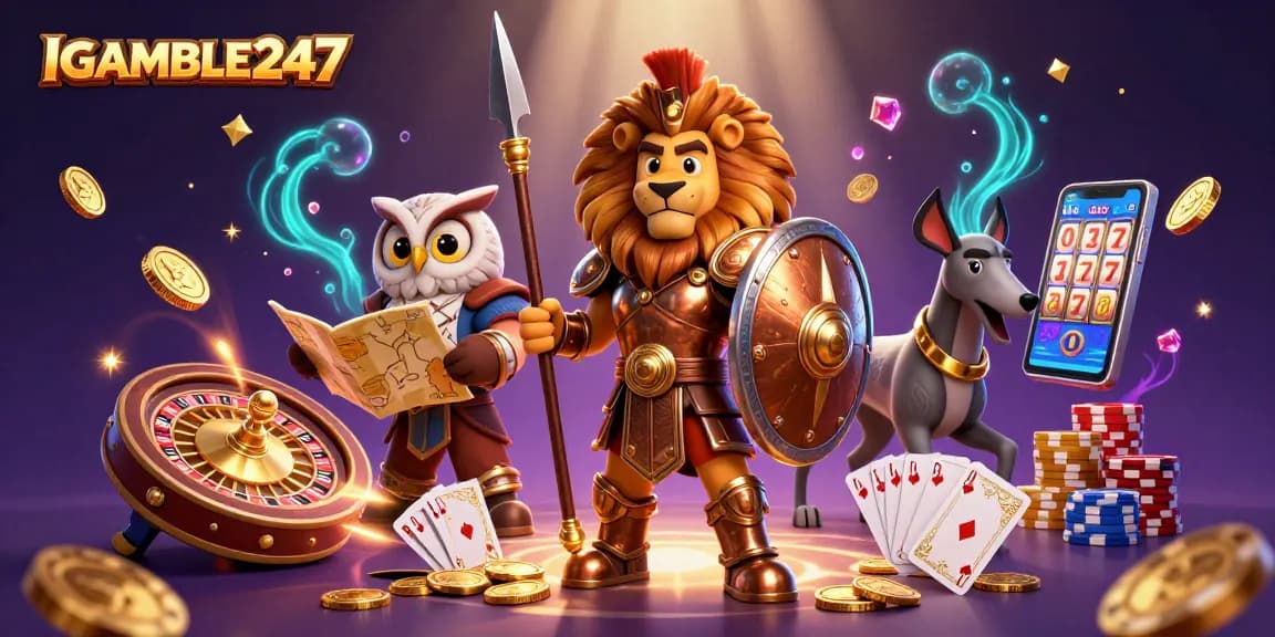 Win big with IGAMBLE247 as vibrant slot reels, poker chips, and lively casino elements surround a heroic lion.