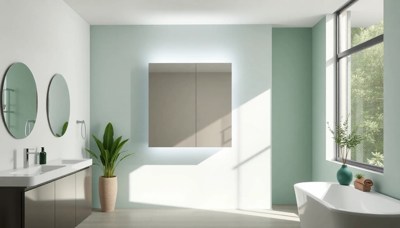 Elegantly showcasing sonni Spiegelschrank mit modernem Design und integrierter Beleuchtung im Badezimmer.