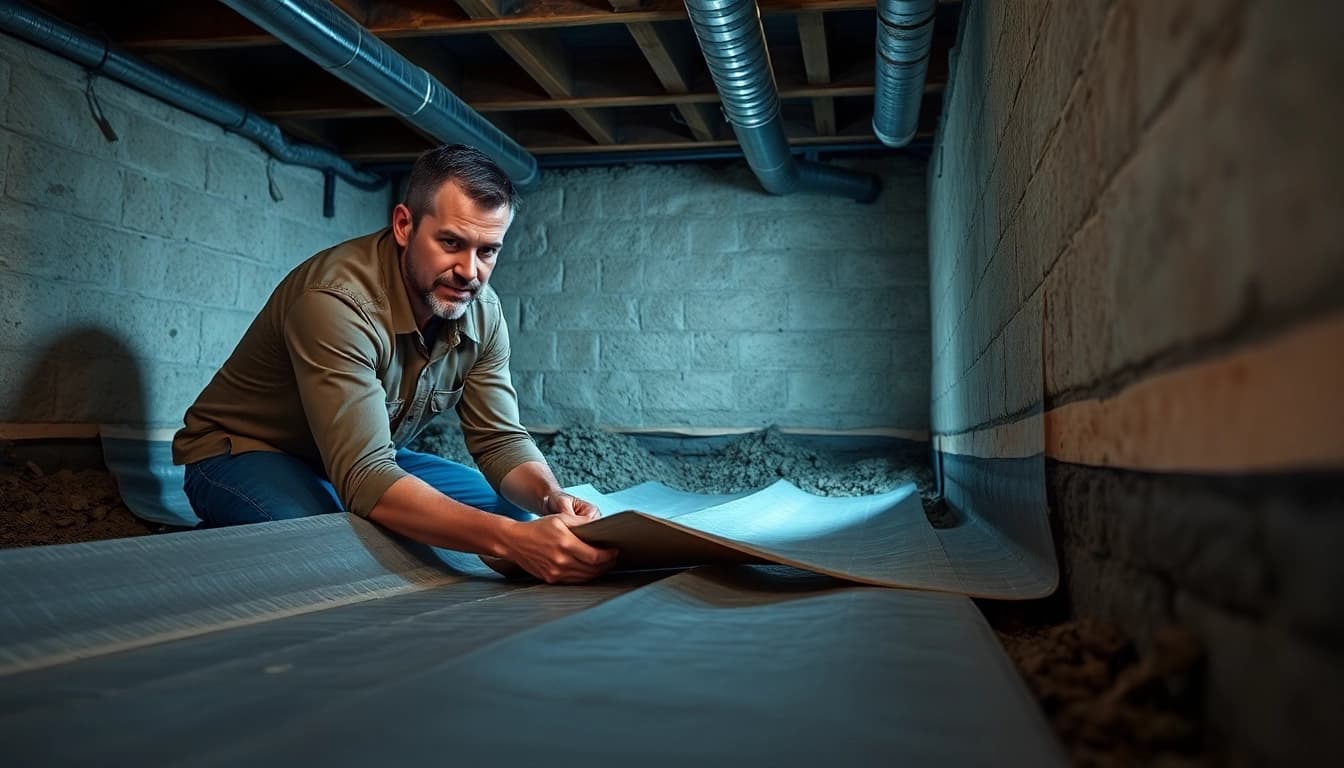 Vapor Barrier Installation process in a residential crawl space, emphasizing moisture control and professional methods.
