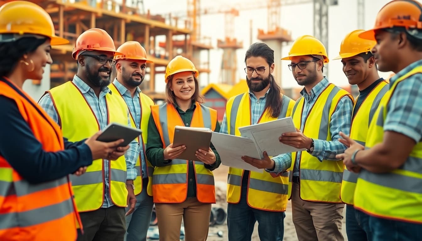 Implementing construction safety programs with a dedicated team on a vibrant construction site.