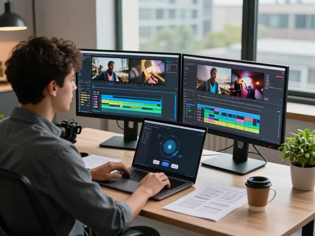 Video to promptgenerator showcasing a professional video editor using a dual-monitor setup in a modern workspace.