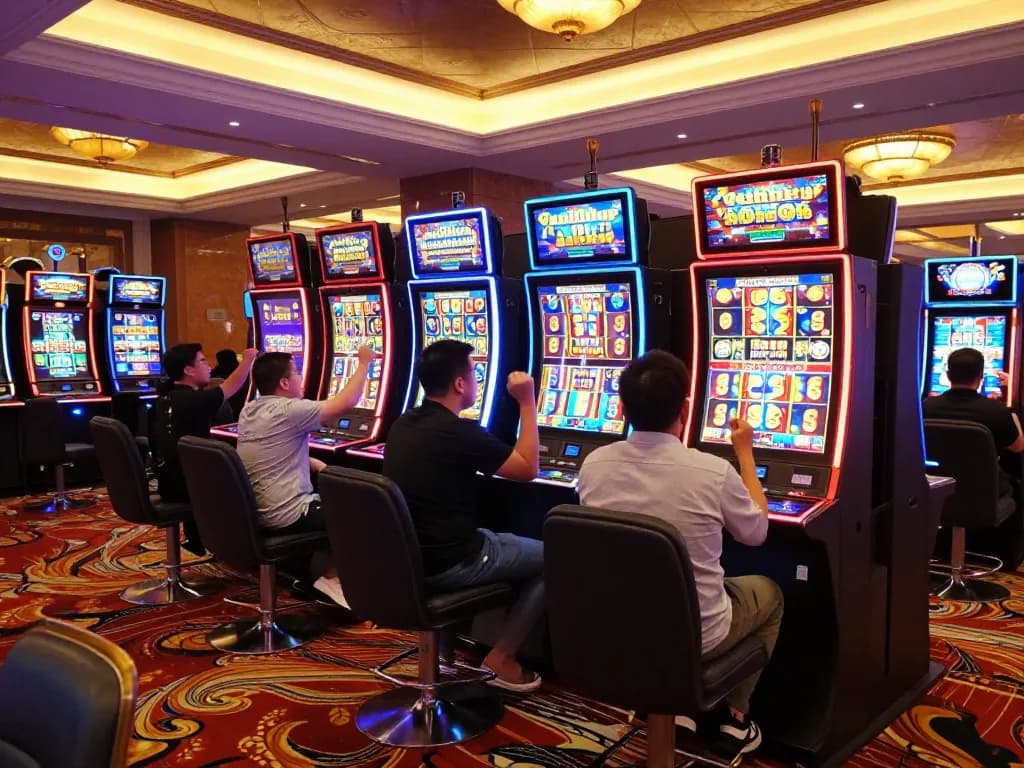 Players celebrating a big win at slot gacor machines in an upscale casino setting.
