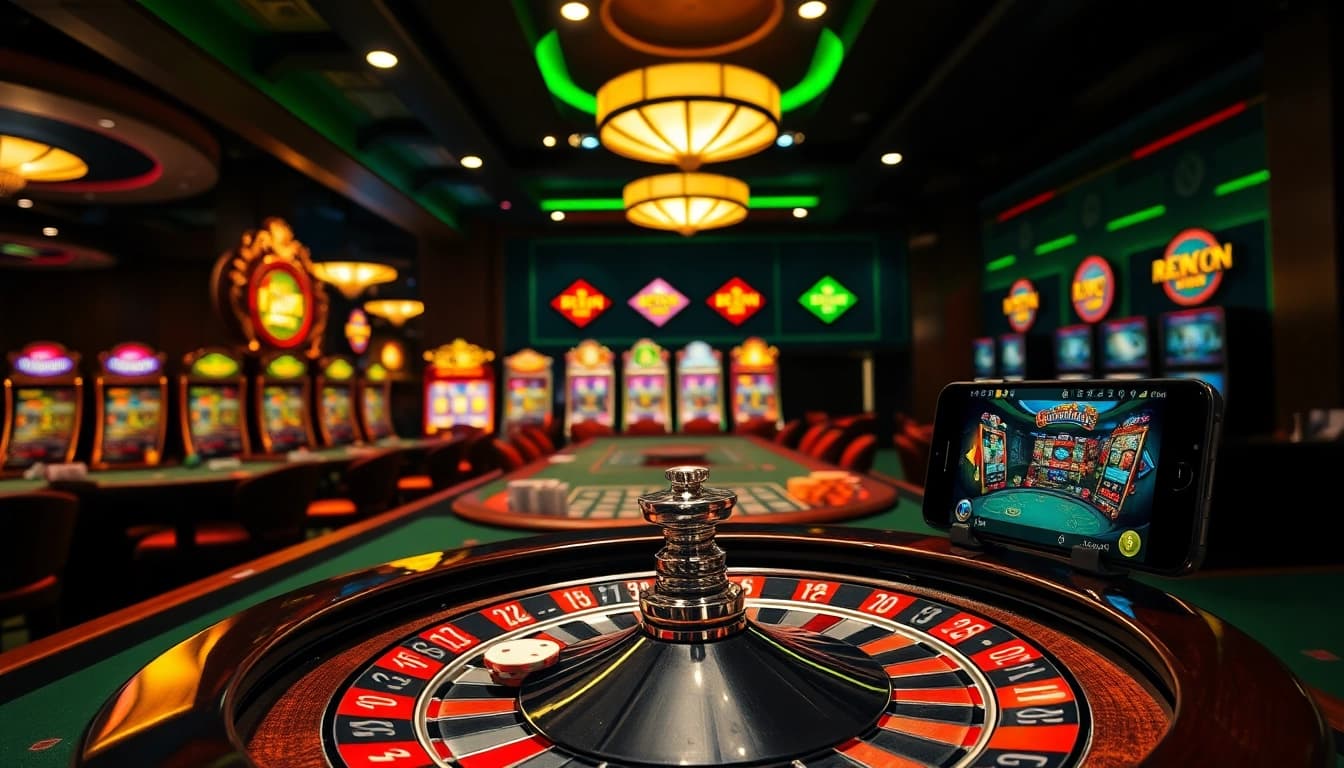 Engaging in a mobile porn game experience at a vibrant casino with poker and slot machines.