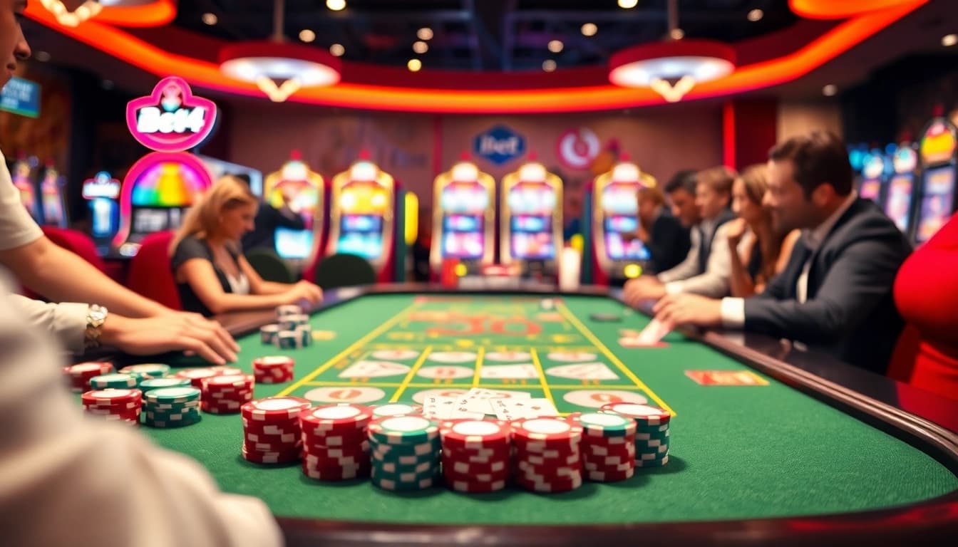 Bermain di meja ibet44 dengan chip berwarna dan suasana kasino yang meriah.