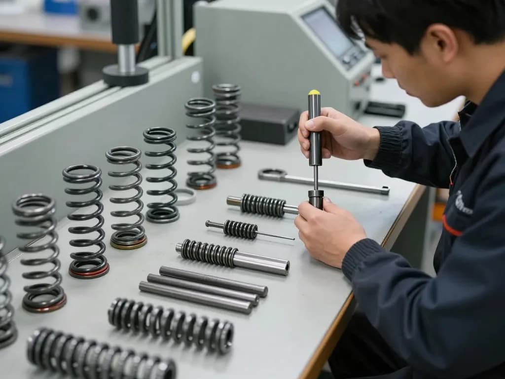 Inspecția arcurilor de către un tehnician, prezentând uneltele de precizie și diferite tipuri de Arcuri ciur într-un mediu de atelier industrial.